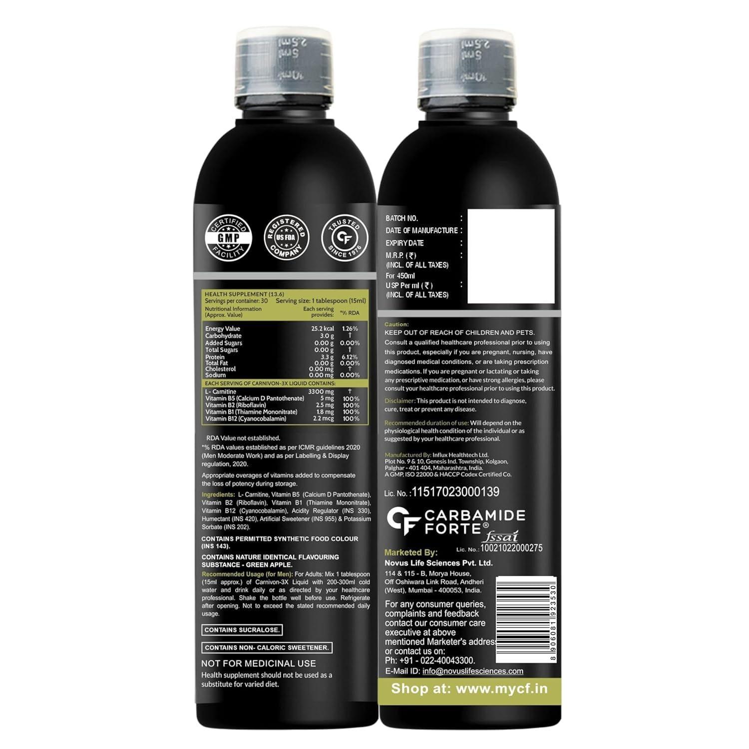 L-Carnitine Green Apple 450 ml – Ingredients and Back Label