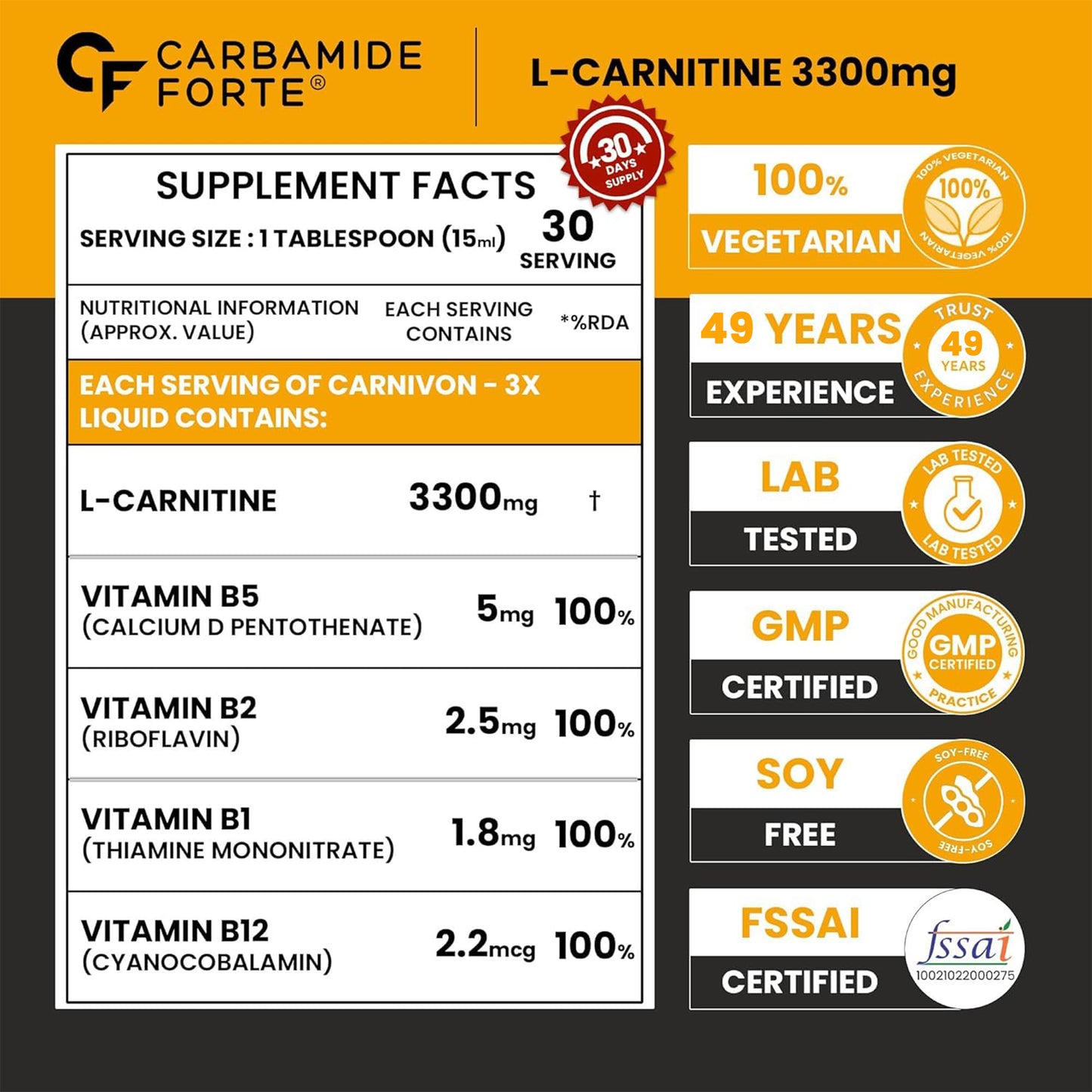 L-Carnitine Liquid – Supplement Facts 15 ml Serving