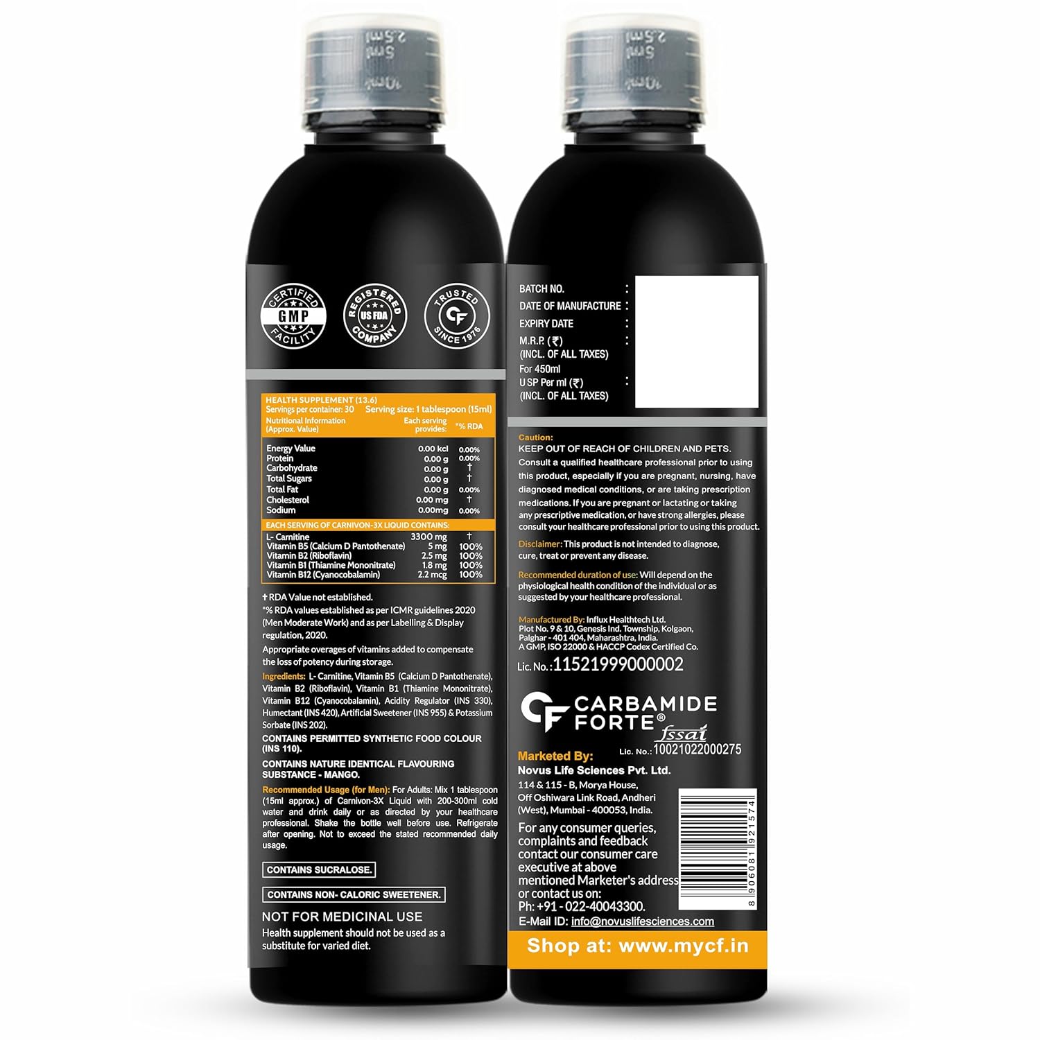 L-Carnitine Mango 450 ml - Ingredients and Back Label